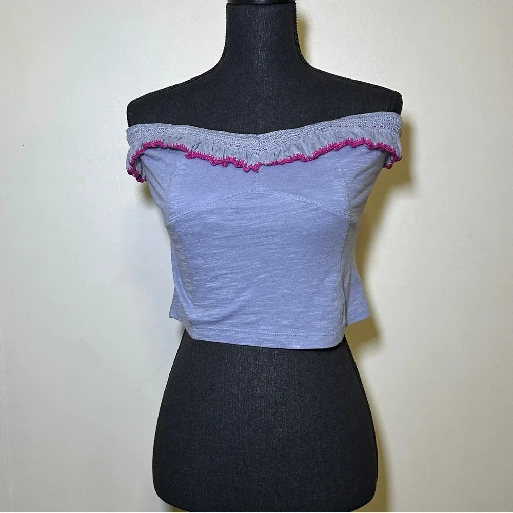 Free People Purple Float On Ruffle Off The Shoulder Crop Tube Top Lace Trim Boho